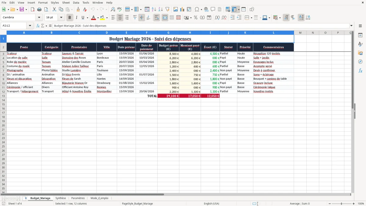 Capture 1 : onglet Budget_Mariage - Modèle Excel budget mariage excel