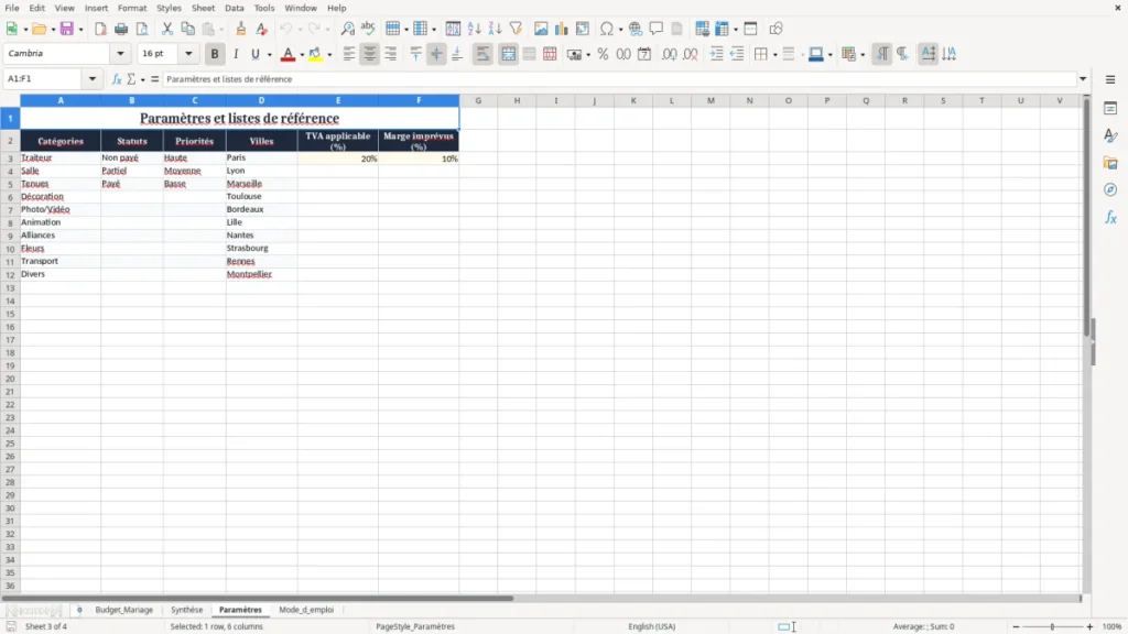 Paramètres – Budget mariage Excel – Modèle Gratuit (2026)