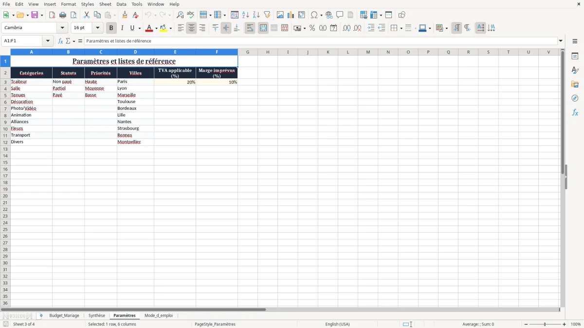Capture 3 : onglet Paramètres - Modèle Excel budget mariage excel