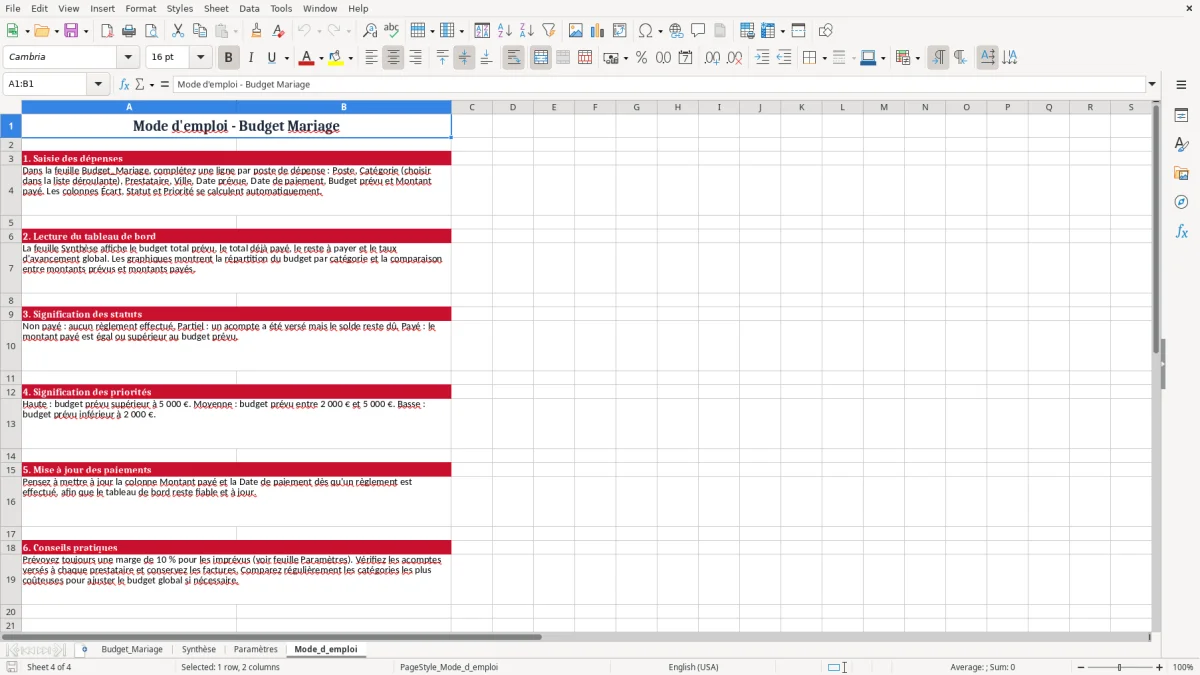 Capture 4 : onglet Mode_d_emploi - Modèle Excel budget mariage excel