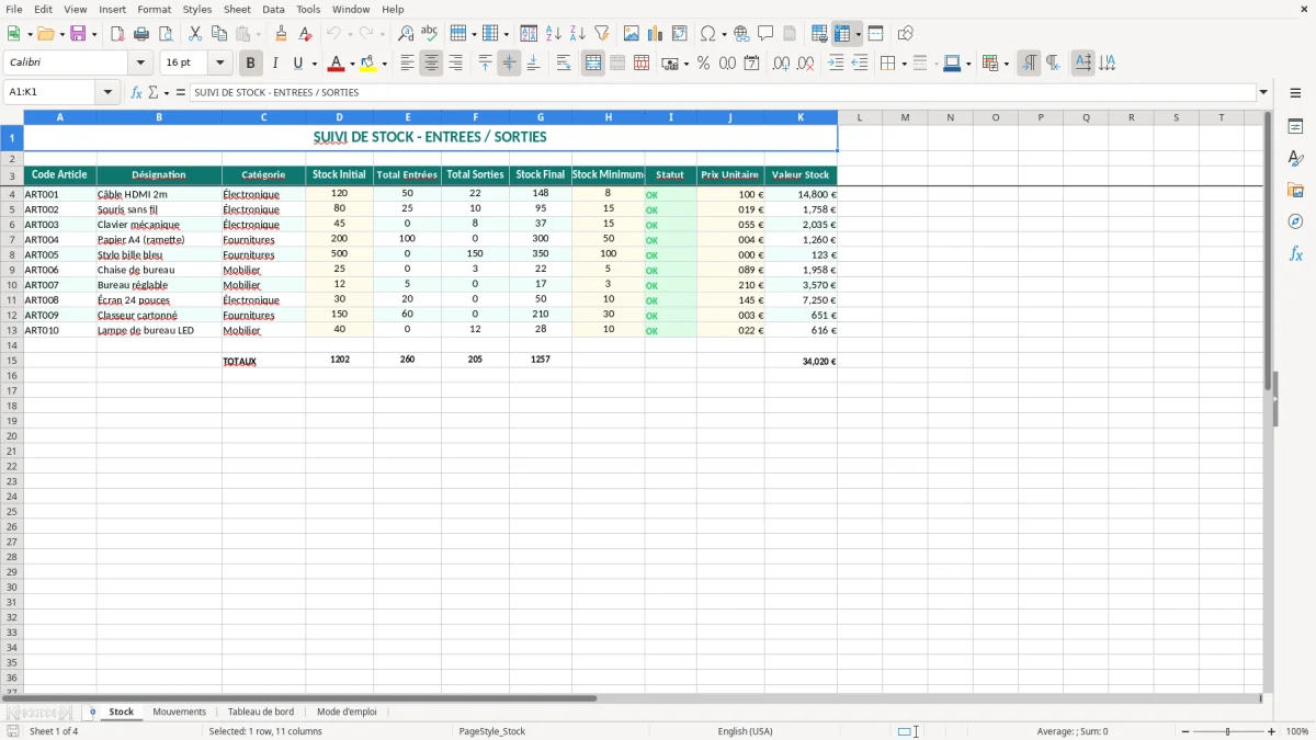 Capture 1 : onglet Stock - Modèle Excel excel stock entree sortie