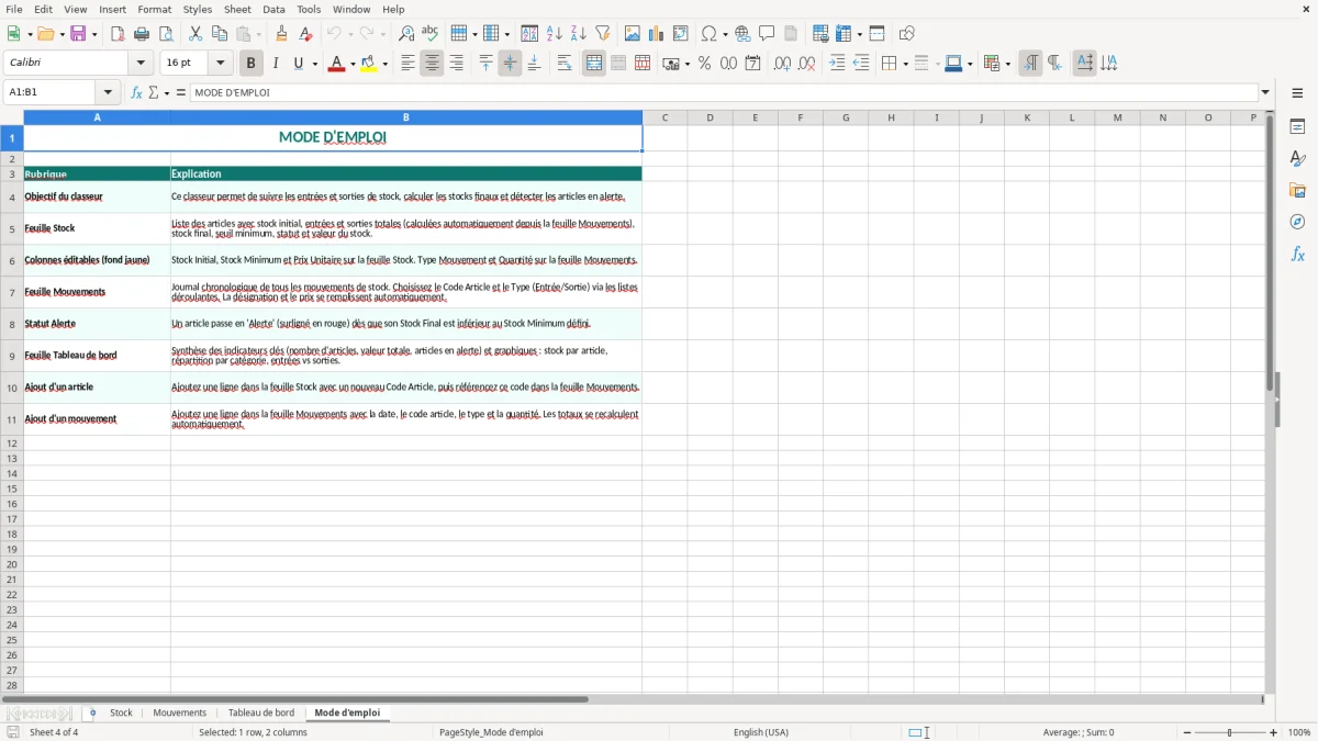 Capture 4 : onglet Mode d'emploi - Modèle Excel excel stock entree sortie