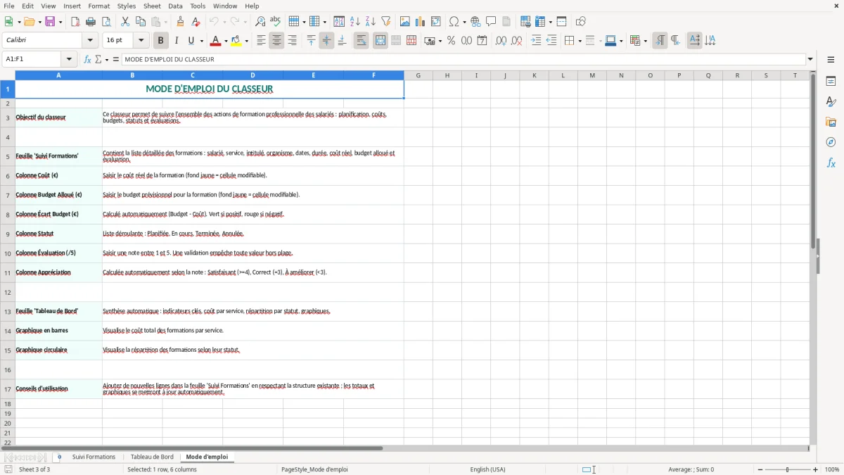 Capture 3 : onglet Mode d'emploi - Modèle Excel excel tableau de suivi formation professionnelle