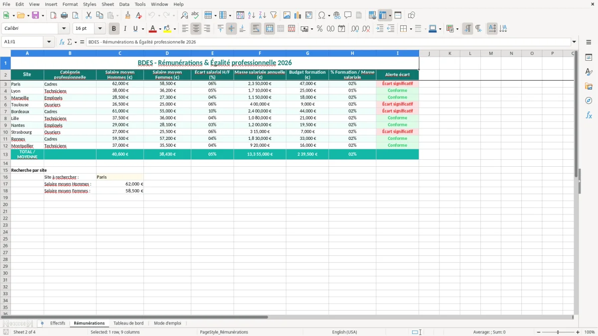 Capture 2 : onglet Rémunérations - Modèle Excel exemple bdes excel