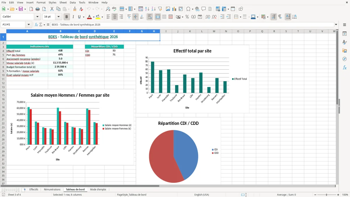 Capture 3 : onglet Tableau de bord - Modèle Excel exemple bdes excel