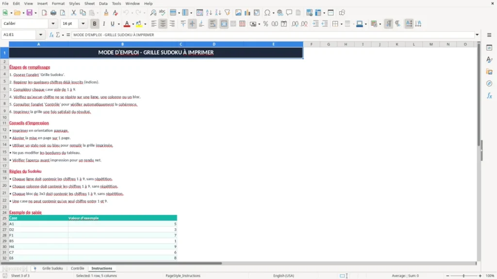Instructions – Sudoku vierge Excel – Modèle Gratuit (2026)