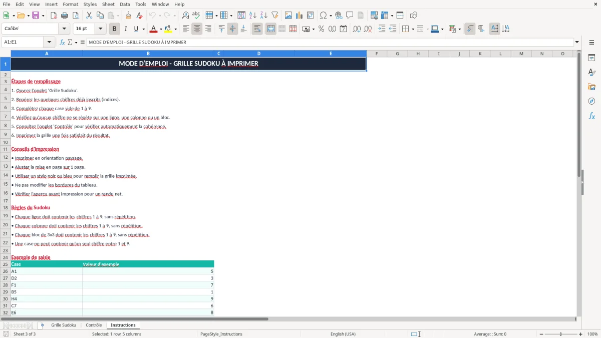 Capture 3 : onglet Instructions - Modèle Excel imprimer grille sudoku vierge excel