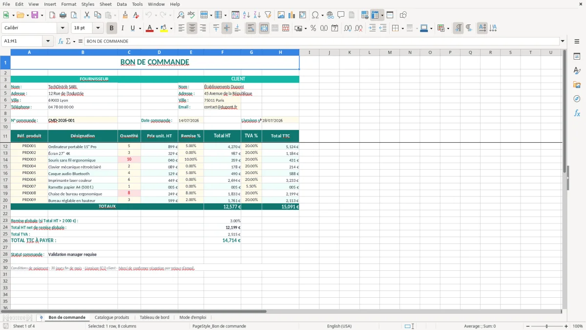 Capture 1 : onglet Bon de commande - Modèle Excel modele bon de commande excel