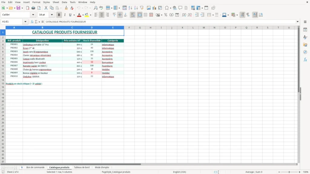 Catalogue produits – Bon de commande Excel – Modèle Gratuit (2026)