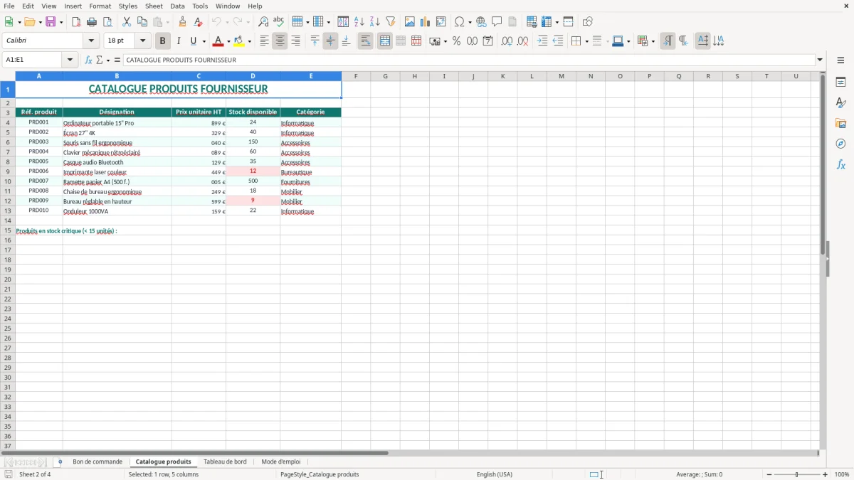 Capture 2 : onglet Catalogue produits - Modèle Excel modele bon de commande excel
