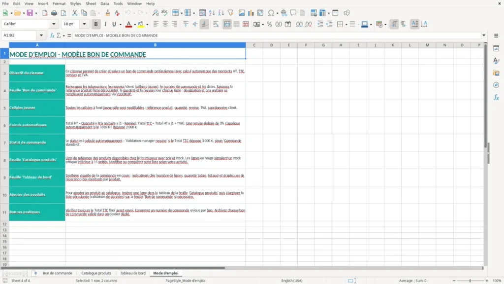 Mode d'emploi – Bon de commande Excel – Modèle Gratuit (2026)