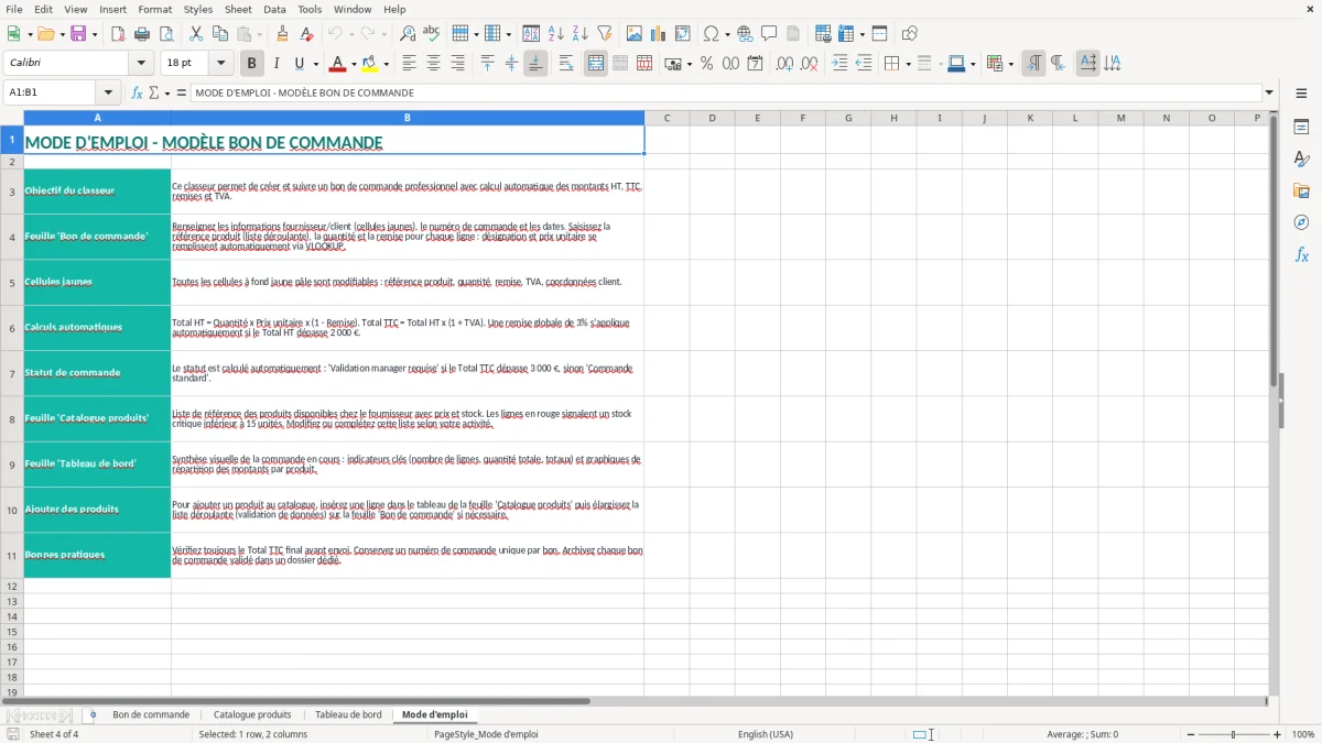 Capture 4 : onglet Mode d'emploi - Modèle Excel modele bon de commande excel