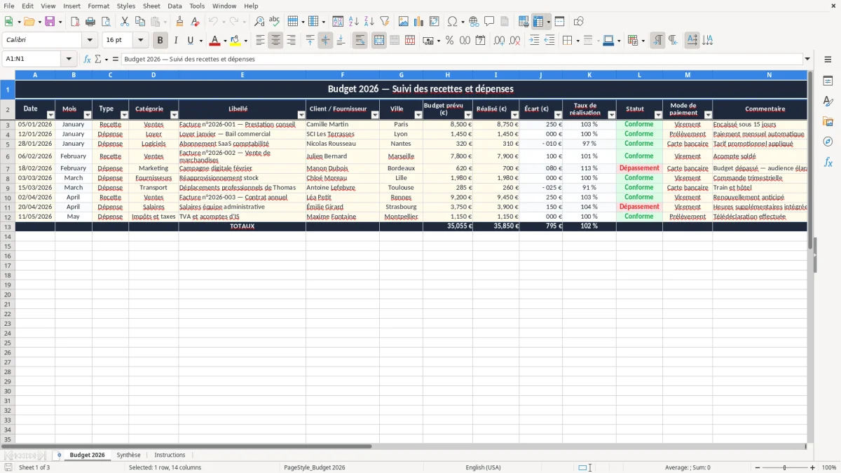 Capture 1 : onglet Budget 2026 - Modèle Excel modele budget excel francais