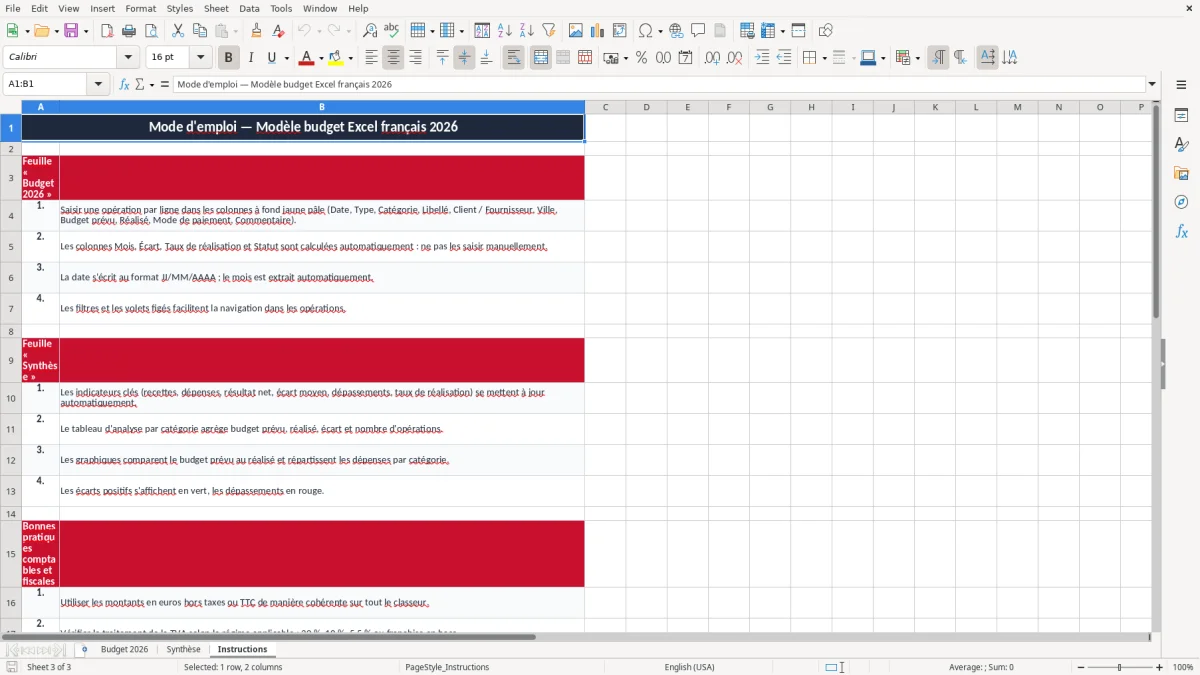 Capture 3 : onglet Instructions - Modèle Excel modele budget excel francais