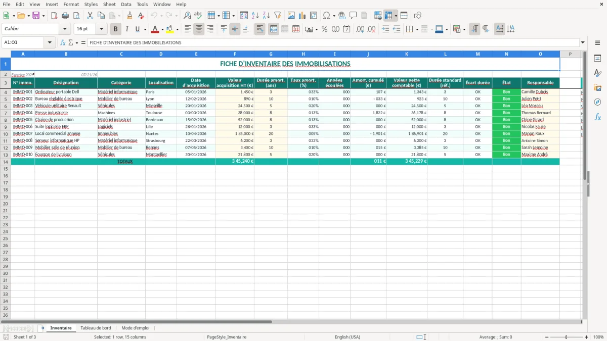 Capture 1 : onglet Inventaire - Modèle Excel modele de fiche d’inventaire des immobilisations excel