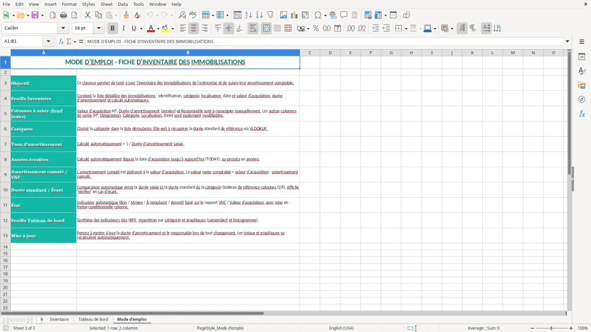 Capture 3 : onglet Mode d'emploi - Modèle Excel modele de fiche d’inventaire des immobilisations excel