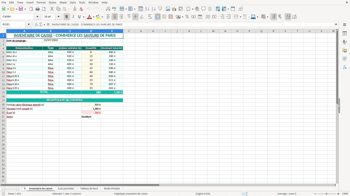 Capture 1 : onglet Inventaire de caisse - Modèle Excel modele inventaire de caisse excel
