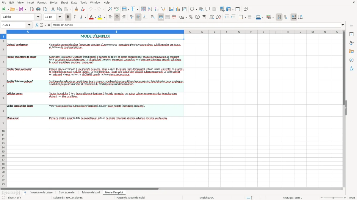 Capture 4 : onglet Mode d'emploi - Modèle Excel modele inventaire de caisse excel