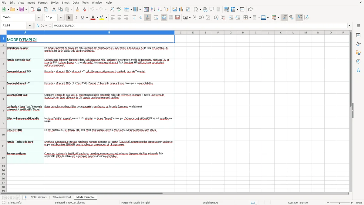 Capture 3 : onglet Mode d'emploi - Modèle Excel modele note de frais excel avec tva