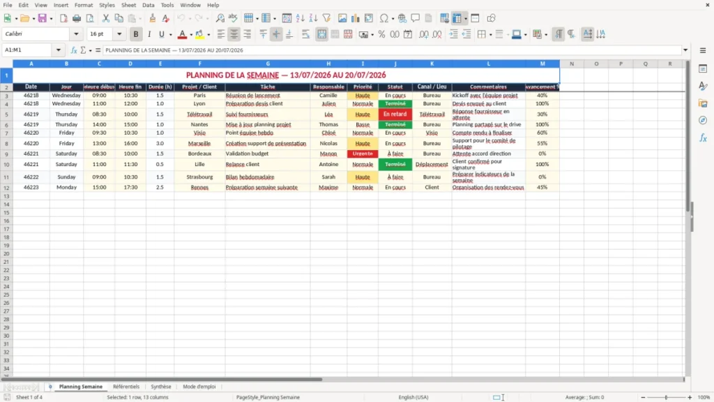 Planning Semaine – Planning semaine Excel – Modèle Gratuit (2026)