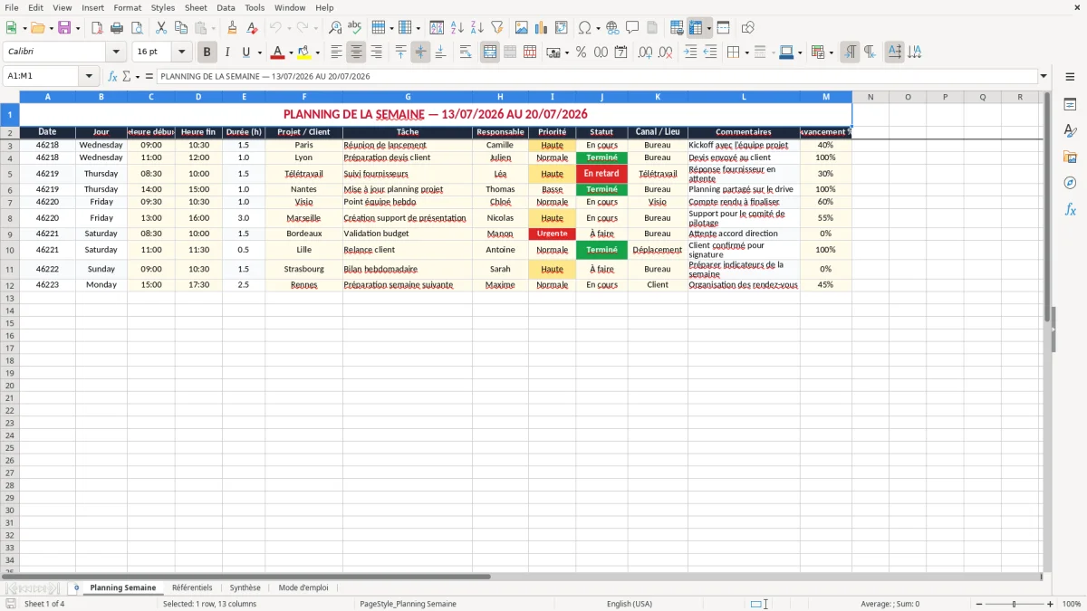 Capture 1 : onglet Planning Semaine - Modèle Excel planning semaine excel