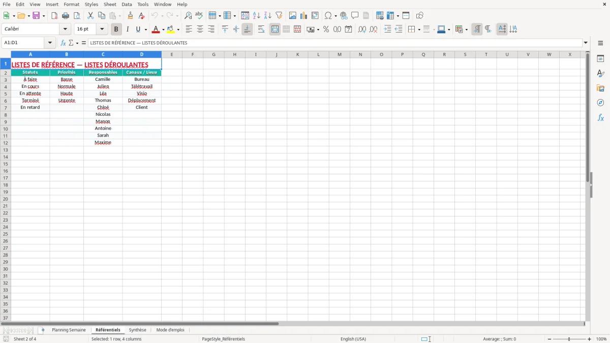 Capture 2 : onglet Référentiels - Modèle Excel planning semaine excel