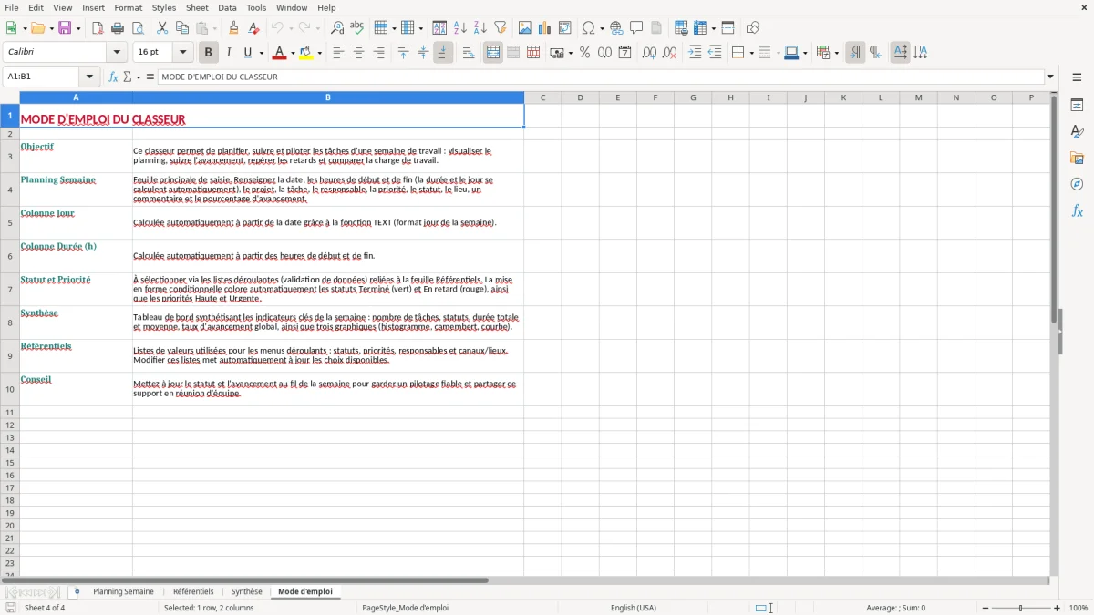 Capture 4 : onglet Mode d'emploi - Modèle Excel planning semaine excel