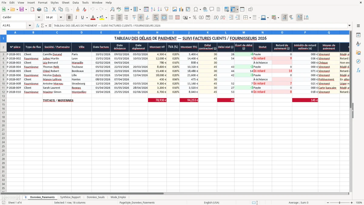 Capture 1 : onglet Données_Paiements - Modèle Excel tableau delai de paiement rapport de gestion excel