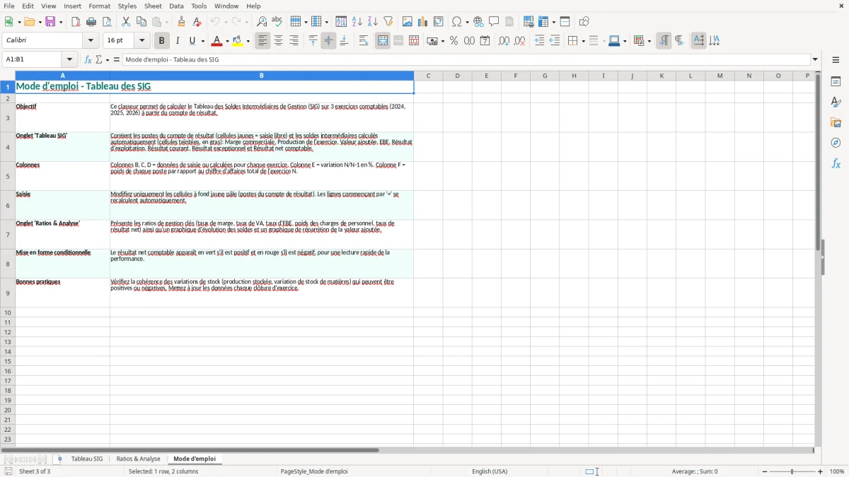 Capture 3 : onglet Mode d'emploi - Modèle Excel tableau des soldes intermediaires de gestion excel