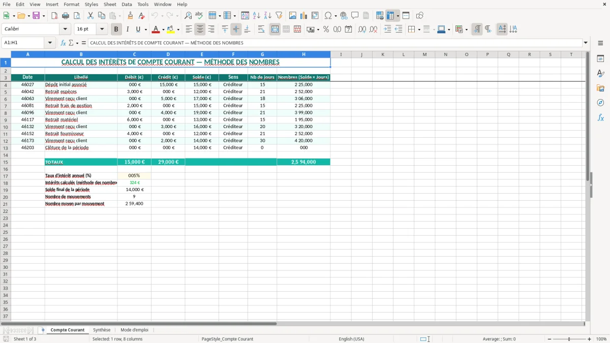 Capture 1 : onglet Compte Courant - Modèle Excel tableau excel calcul interets compte courant
