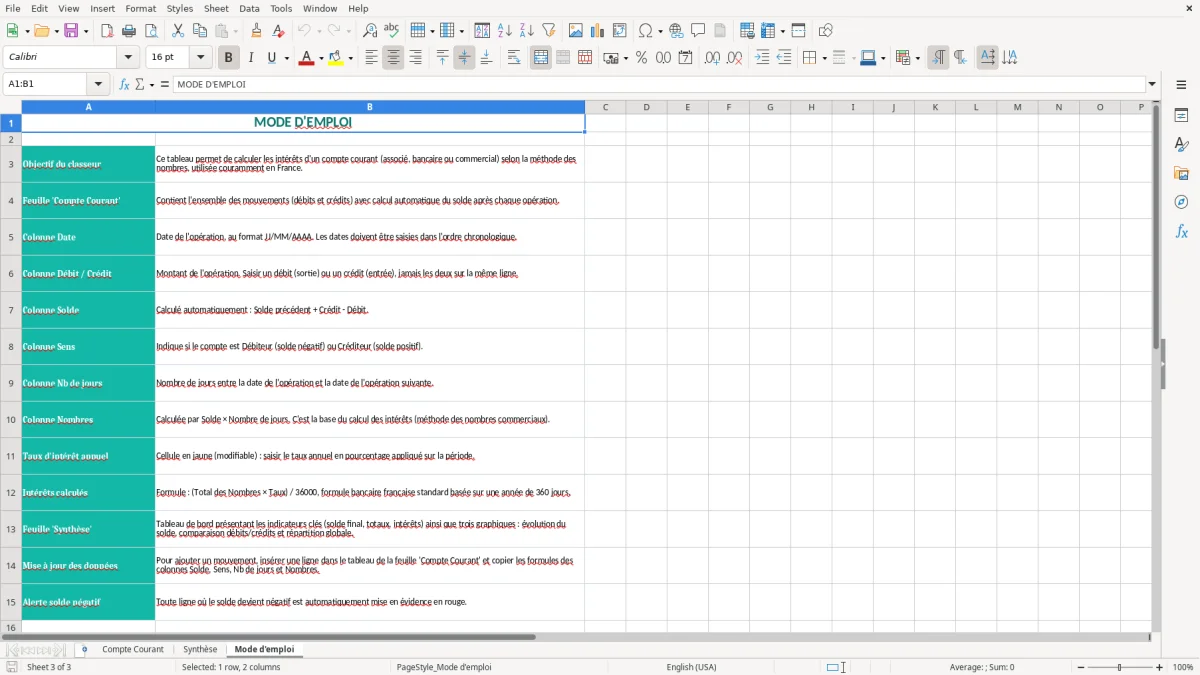 Capture 3 : onglet Mode d'emploi - Modèle Excel tableau excel calcul interets compte courant