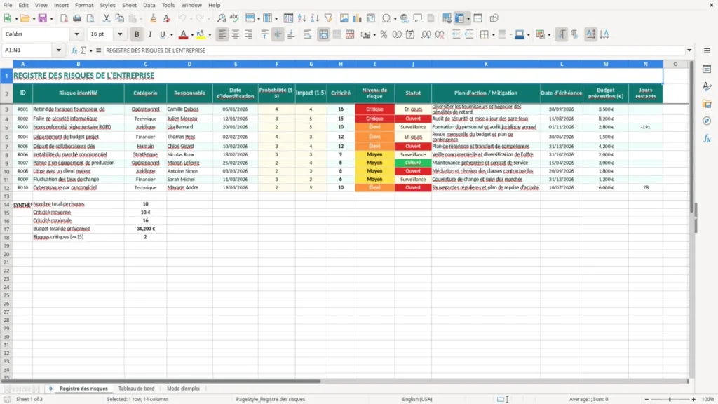 Registre des risques – Tableau gestion des risques Excel – Modèle gratuit (2026)