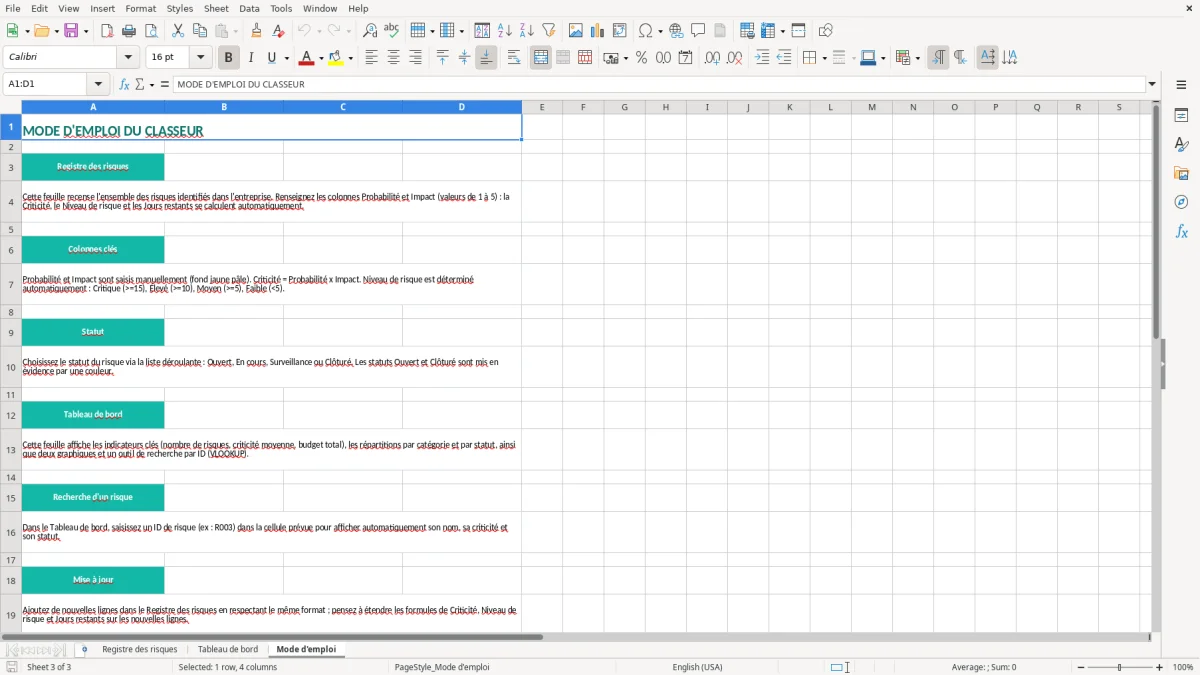 Capture 3 : onglet Mode d'emploi - Modèle Excel tableau gestion des risques excel