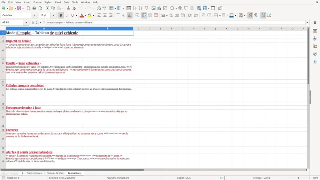 Instructions – Tableau de suivi véhicule Excel