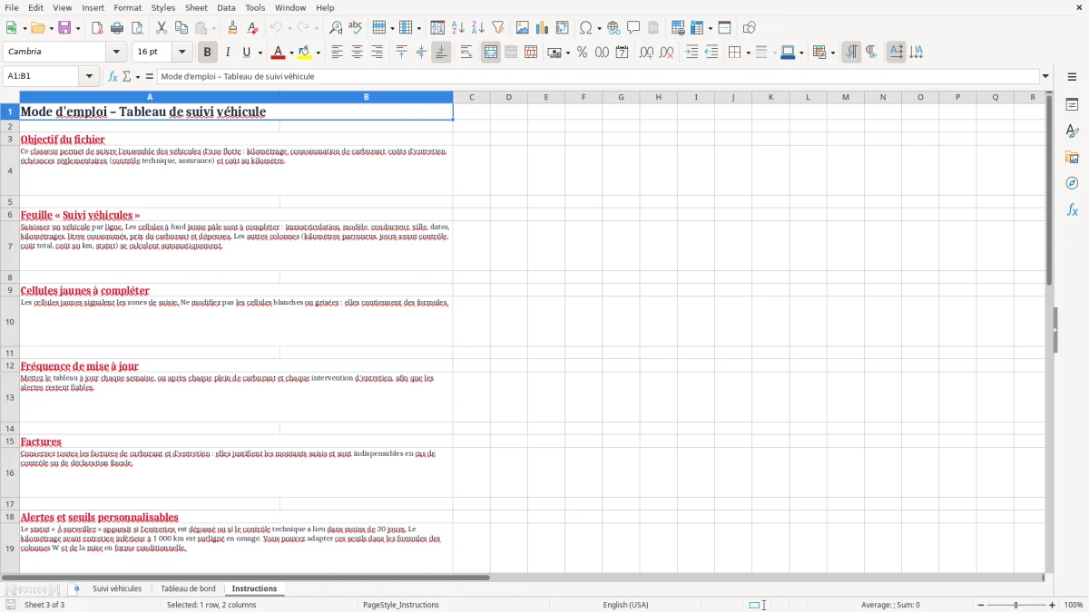 Capture 3 : onglet Instructions - Modèle Excel tableau suivi vehicule excel