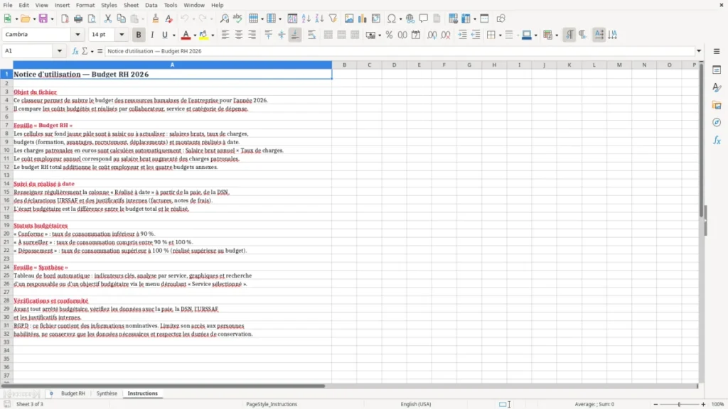 Instructions – Budget RH Excel : modèle gratuit à télécharger