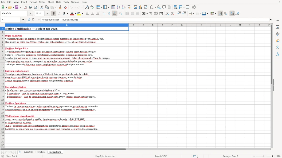 Capture 3 : onglet Instructions - Modèle Excel budget rh excel