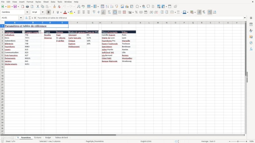 Paramètres – Comptabilité association Excel