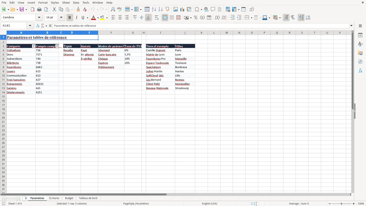 Capture 1 : onglet Paramètres - Modèle Excel logiciel comptabilite association excel