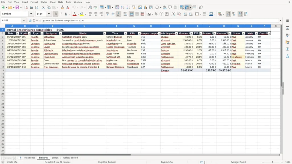 Écritures – Comptabilité association Excel