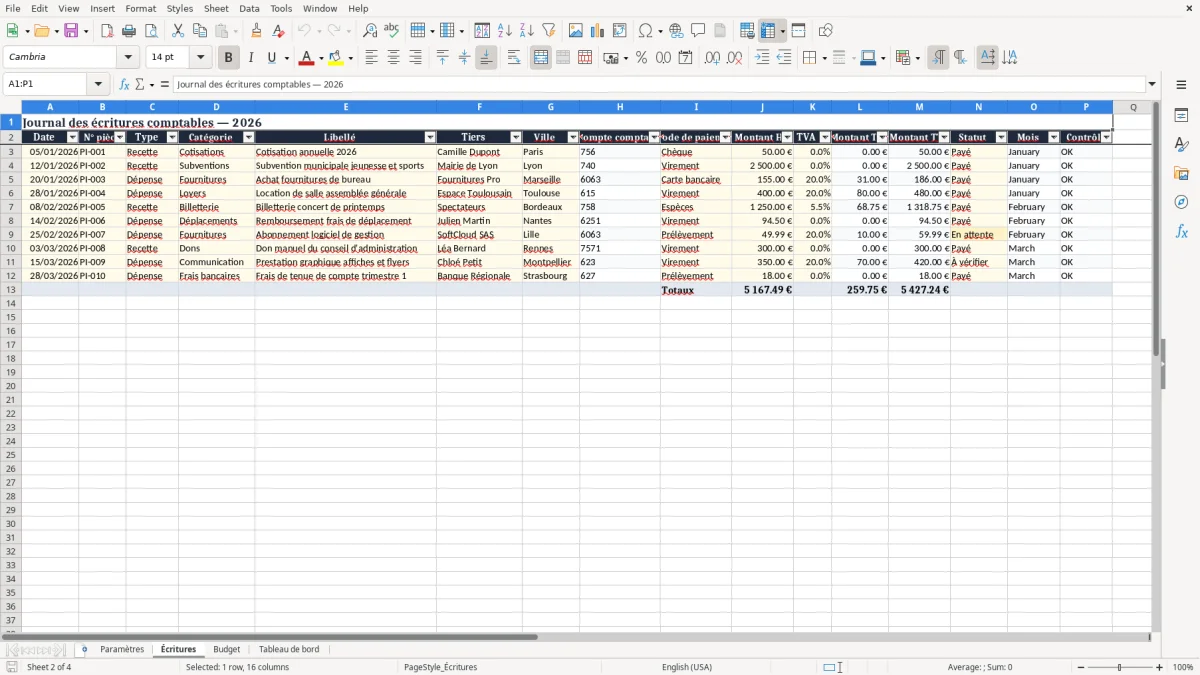 Capture 2 : onglet Écritures - Modèle Excel logiciel comptabilite association excel