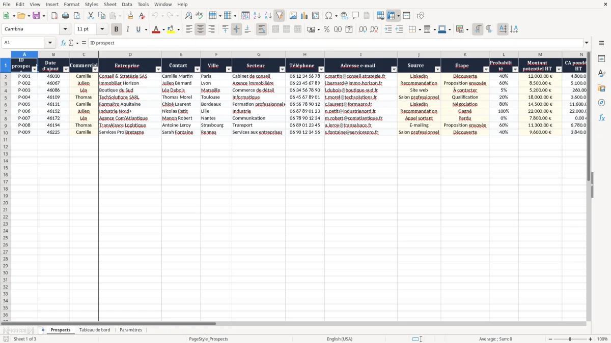 Capture 1 : onglet Prospects - Modèle Excel outil de suivi de prospection excel