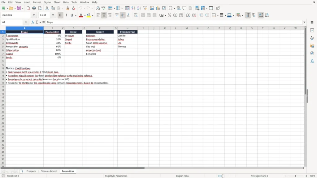 Paramètres – Outil de suivi de prospection Excel