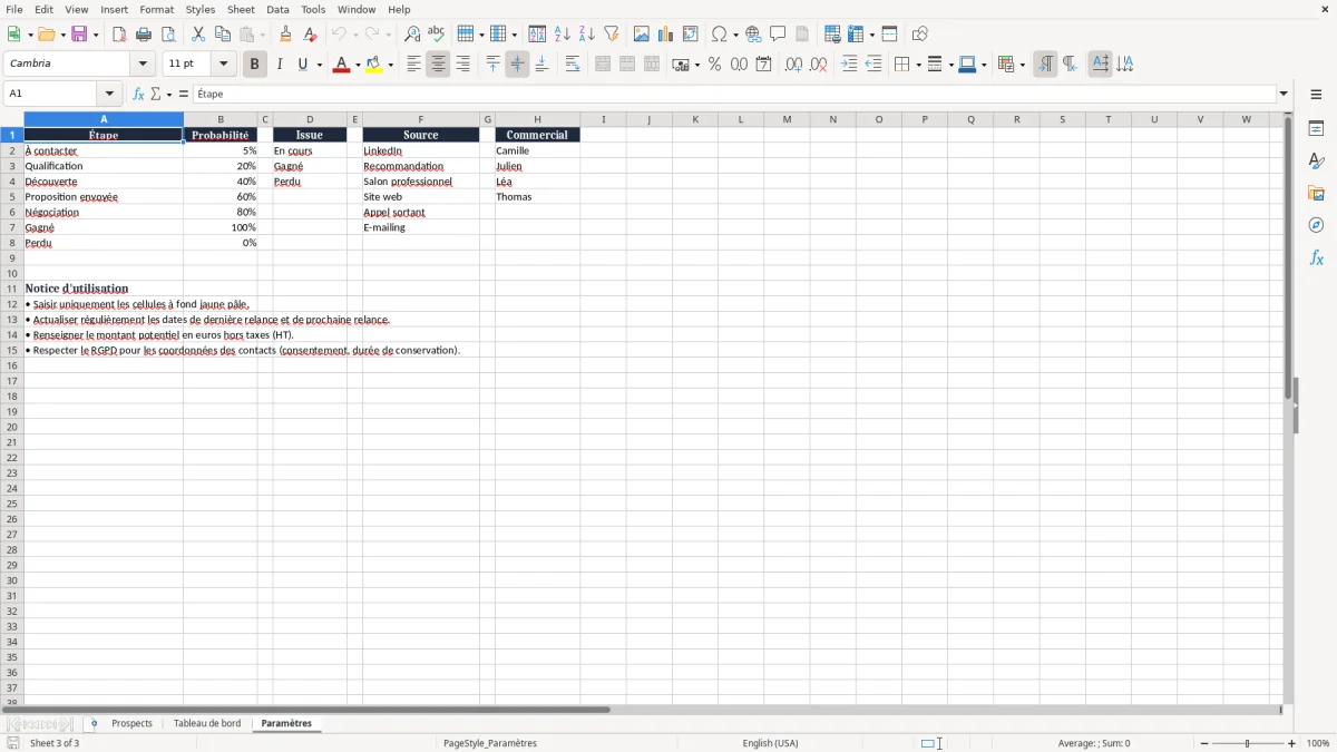 Capture 3 : onglet Paramètres - Modèle Excel outil de suivi de prospection excel