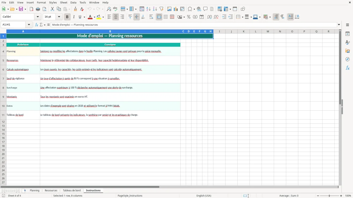 Capture 4 : onglet Instructions - Modèle Excel planning ressources excel