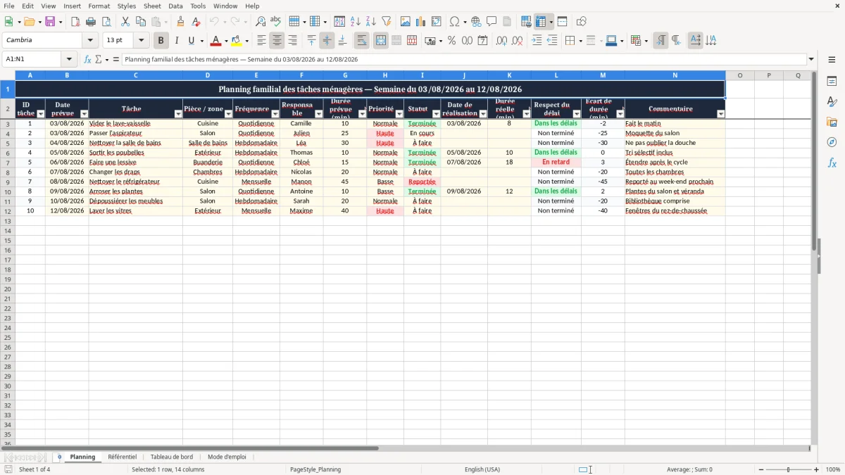 Capture 1 : onglet Planning - Modèle Excel planning tache menagere famille excel