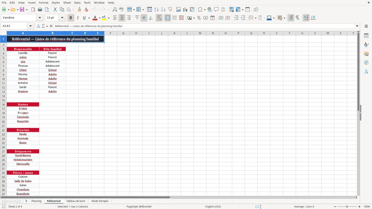 Capture 2 : onglet Référentiel - Modèle Excel planning tache menagere famille excel