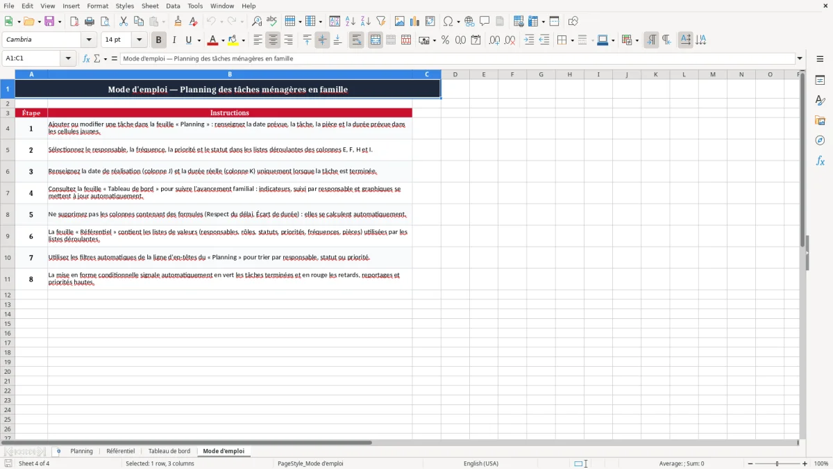 Capture 4 : onglet Mode d'emploi - Modèle Excel planning tache menagere famille excel