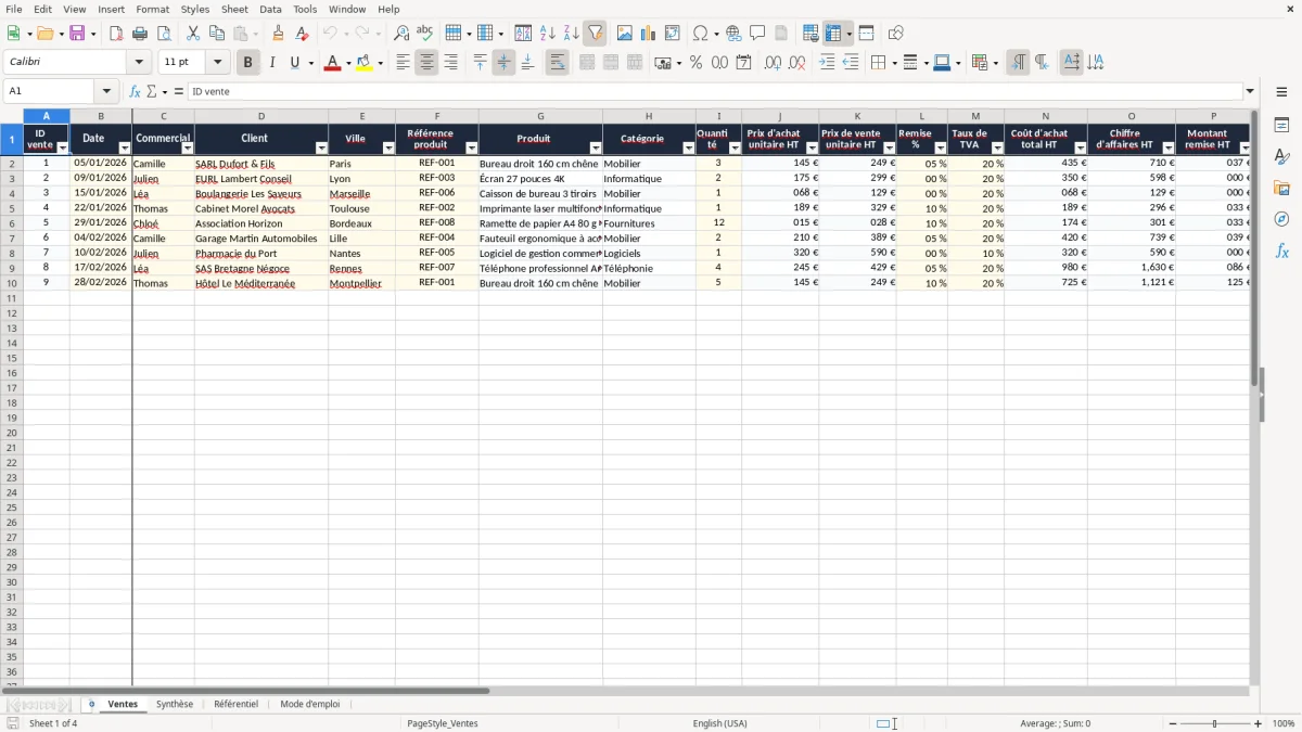 Capture 1 : onglet Ventes - Modèle Excel tableau calcul marge commerciale excel