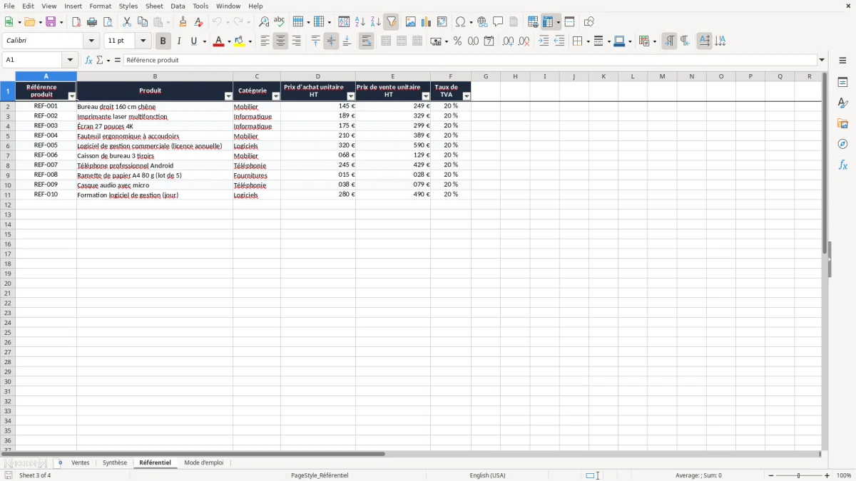 Capture 3 : onglet Référentiel - Modèle Excel tableau calcul marge commerciale excel